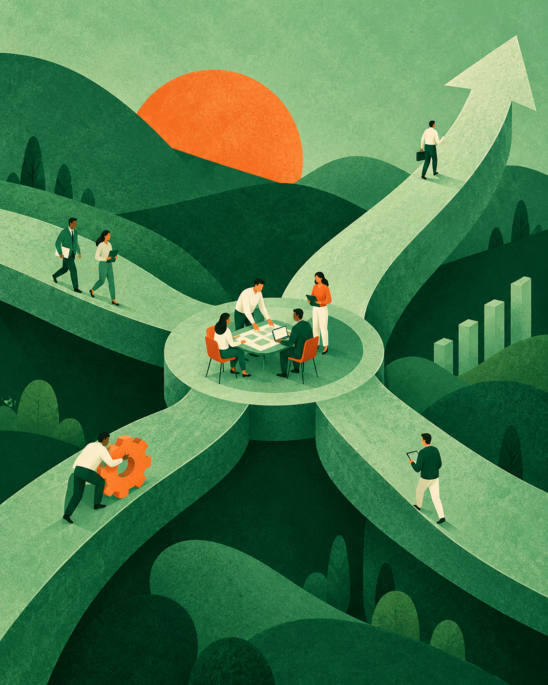 Illustrated team at a central worktable with paths connecting business activities